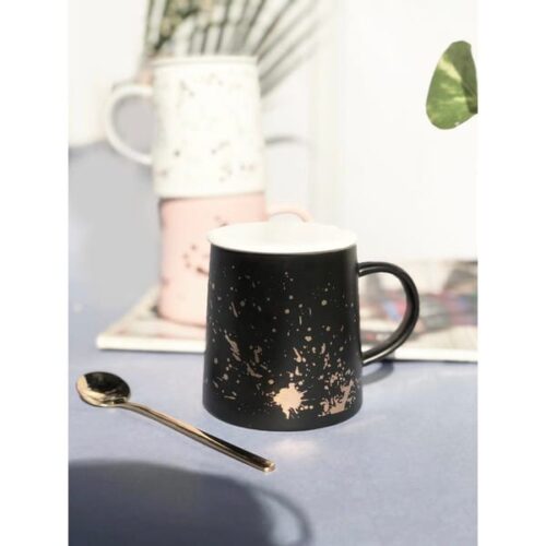 Coffee Mug With Lid And Spoon - Minimal Gold - Ceramic - Single Piece