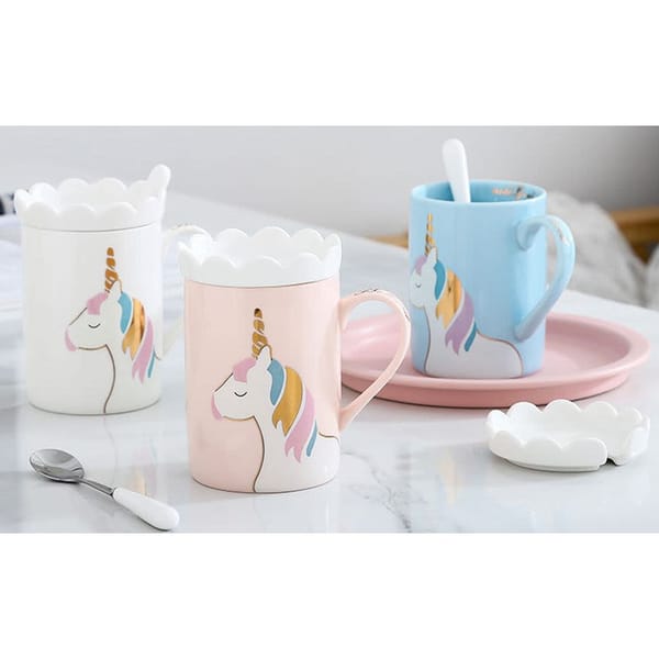 Coffee Mug With Lid And Spoon - Unicorn - Ceramic - Single Piece
